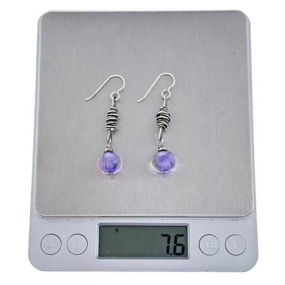 Estate Artisan Sterling Silver Purple Pink Polka Dot Glass Bead Dangle Earrings - Picture 2 of 4